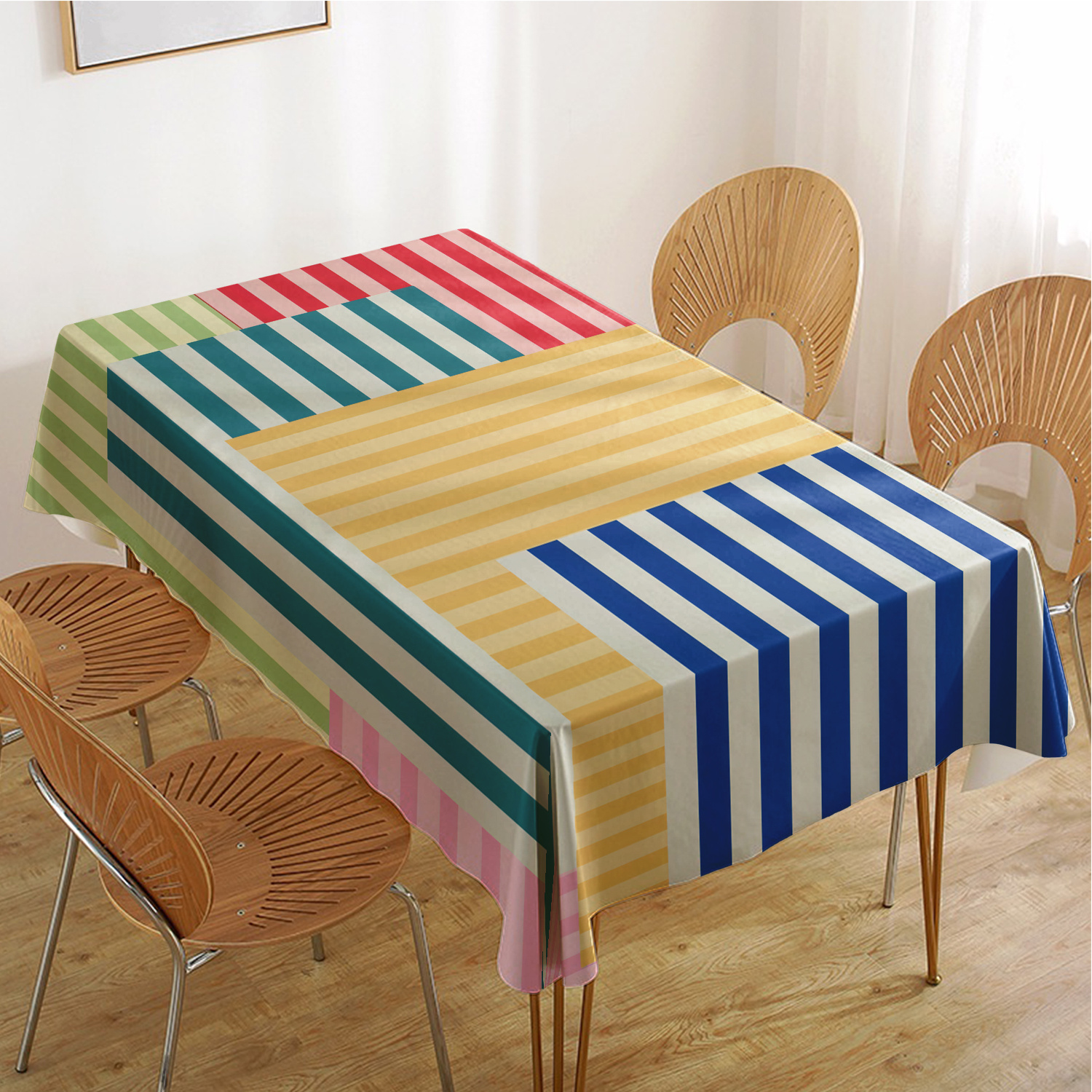Outdoor Furniture Green - Multicolor Striped Rectangle Tablecloth for Table